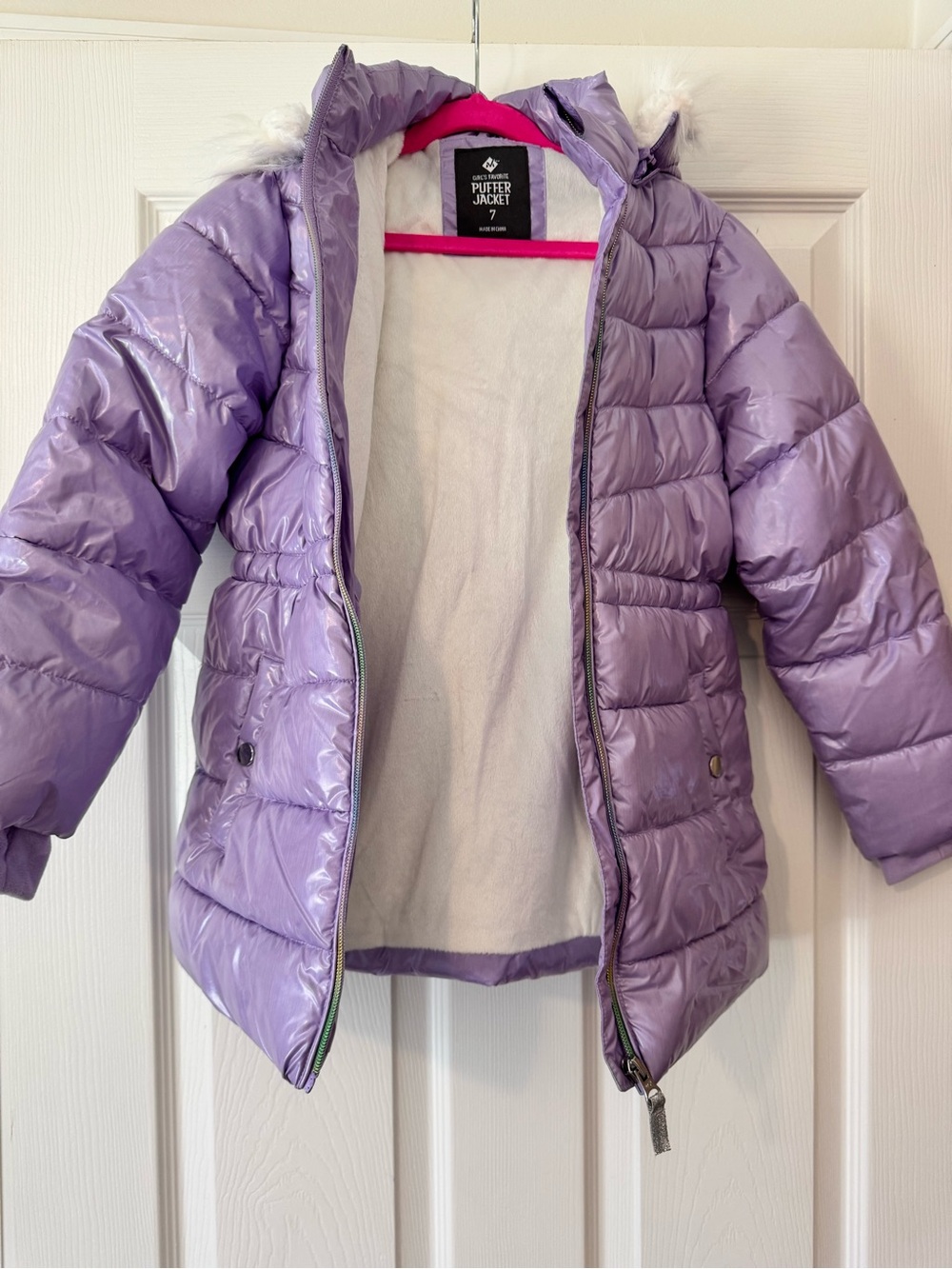 Cat & Jack Shiny Lavender Puffer Coat with Faux-Fur Trim